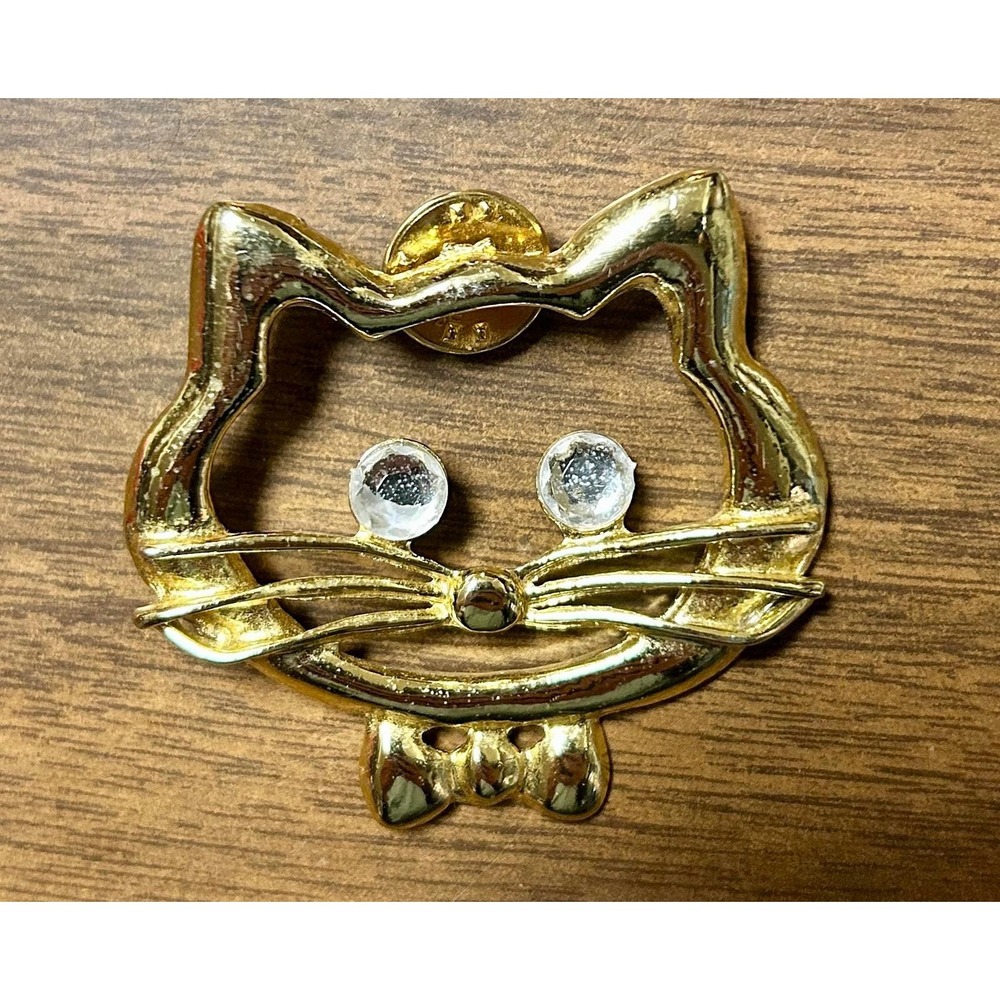 Cat Face Pin Unisex OS Gold Excellent Rhinestone Eyes Bow Tie 90s